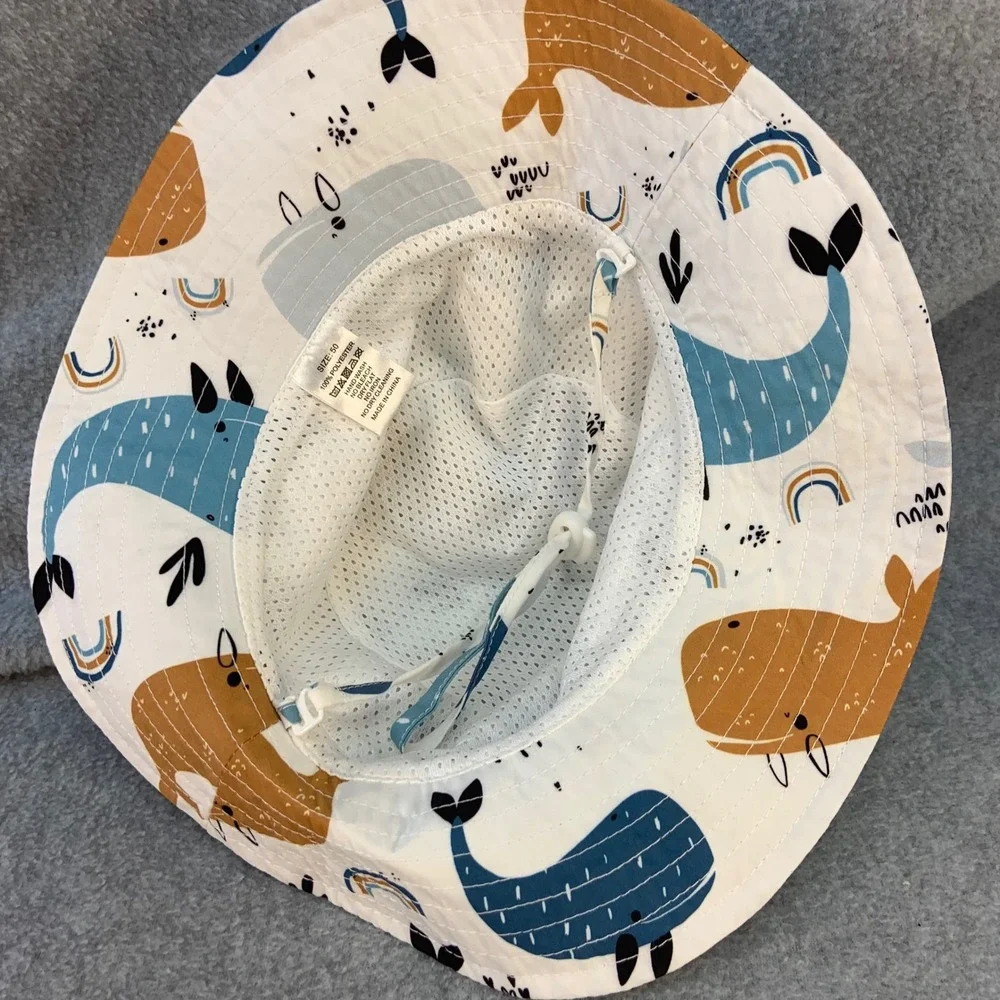Whale Print Unisex White Unbranded Bucket Hat Adjustable Chin Strap Size 50